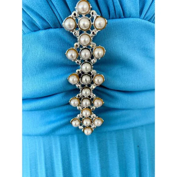 Vintage 1970s Blue Dressy Maxi Dress Pleated Skirt Rhinestone Pearls Size M - Picture 5 of 16